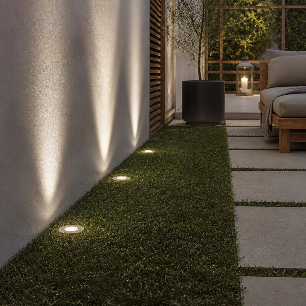Brushed aluminum trim recessed outdoor spotlight DECK PRIME 1677 embedded in turf next to stucco wall