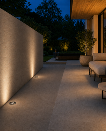 Outdoor recessed DECK PRIME 1711 wall washer illuminating modern lounge area