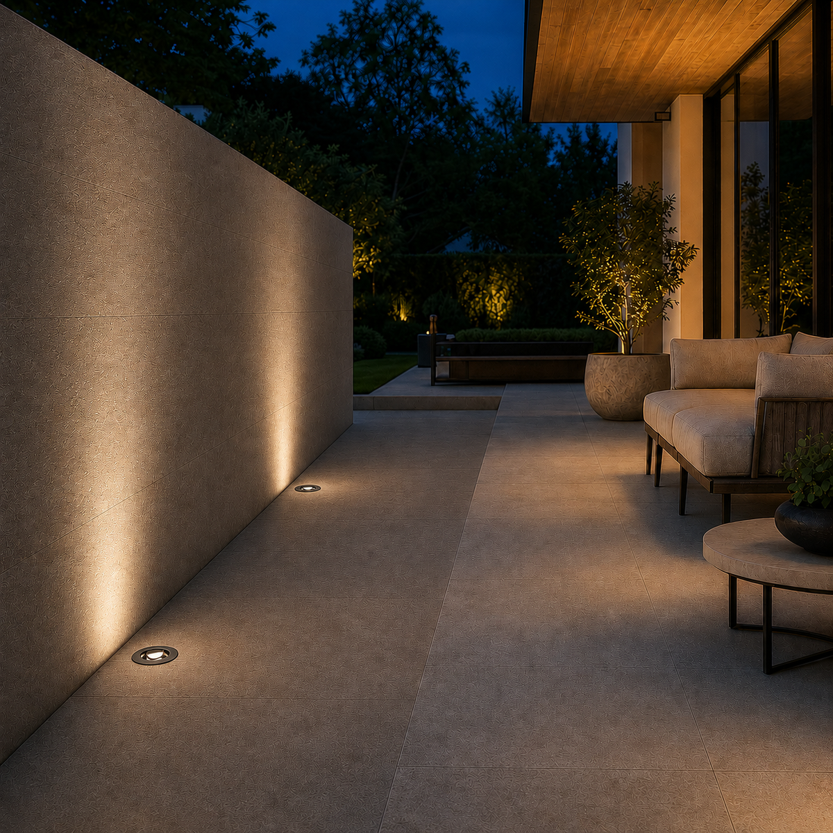 Outdoor recessed DECK PRIME 1711 wall washer illuminating modern lounge area