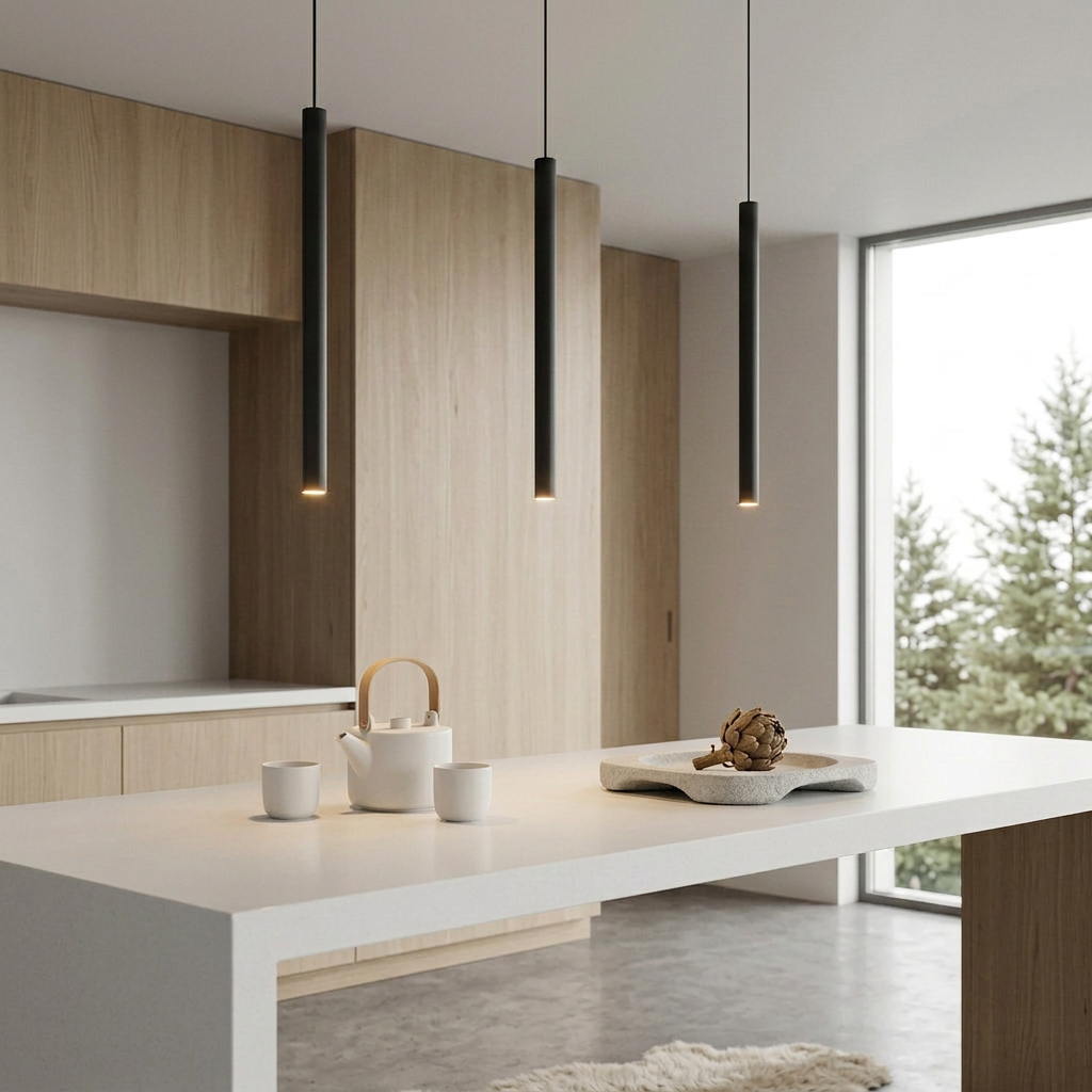 Set of three matte black pendant lights over kitchen island with warm glow