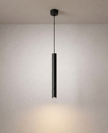 Matte black cylindrical pendant light with ceiling canopy for modern interior