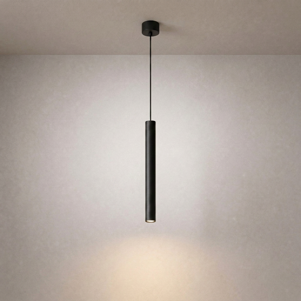 Matte black cylindrical pendant light with ceiling canopy for modern interior