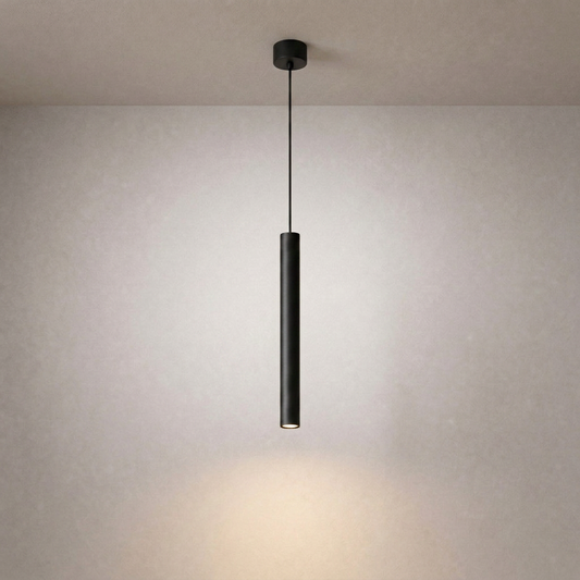 Matte black cylindrical pendant light with ceiling canopy for modern interior