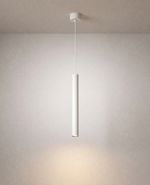 Matte white cylindrical pendant light with ceiling canopy for modern interior
