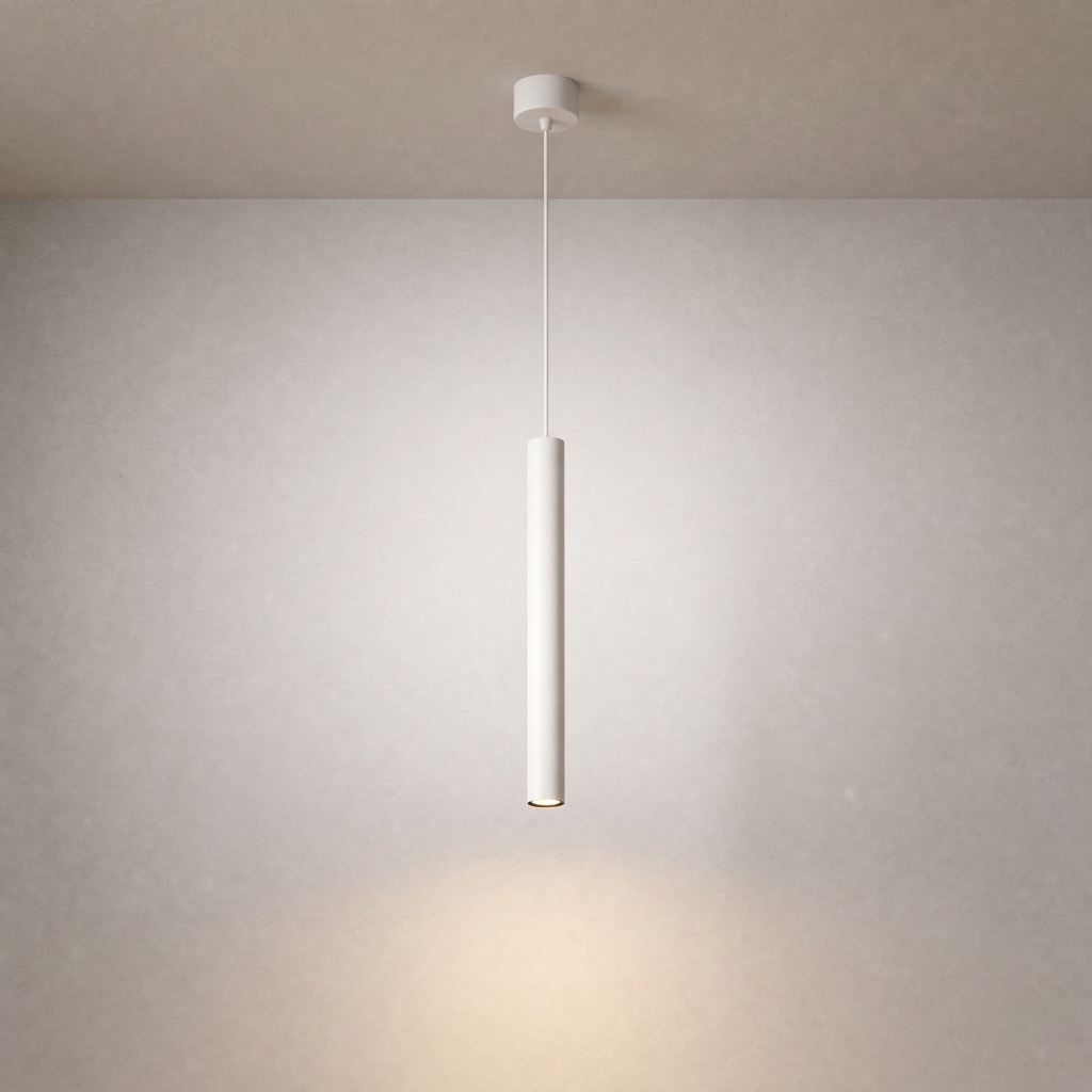 Matte white cylindrical pendant light with ceiling canopy for modern interior