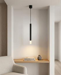Black matte cylindrical pendant light with frosted glass diffuser illuminating architecture books in recessed niche