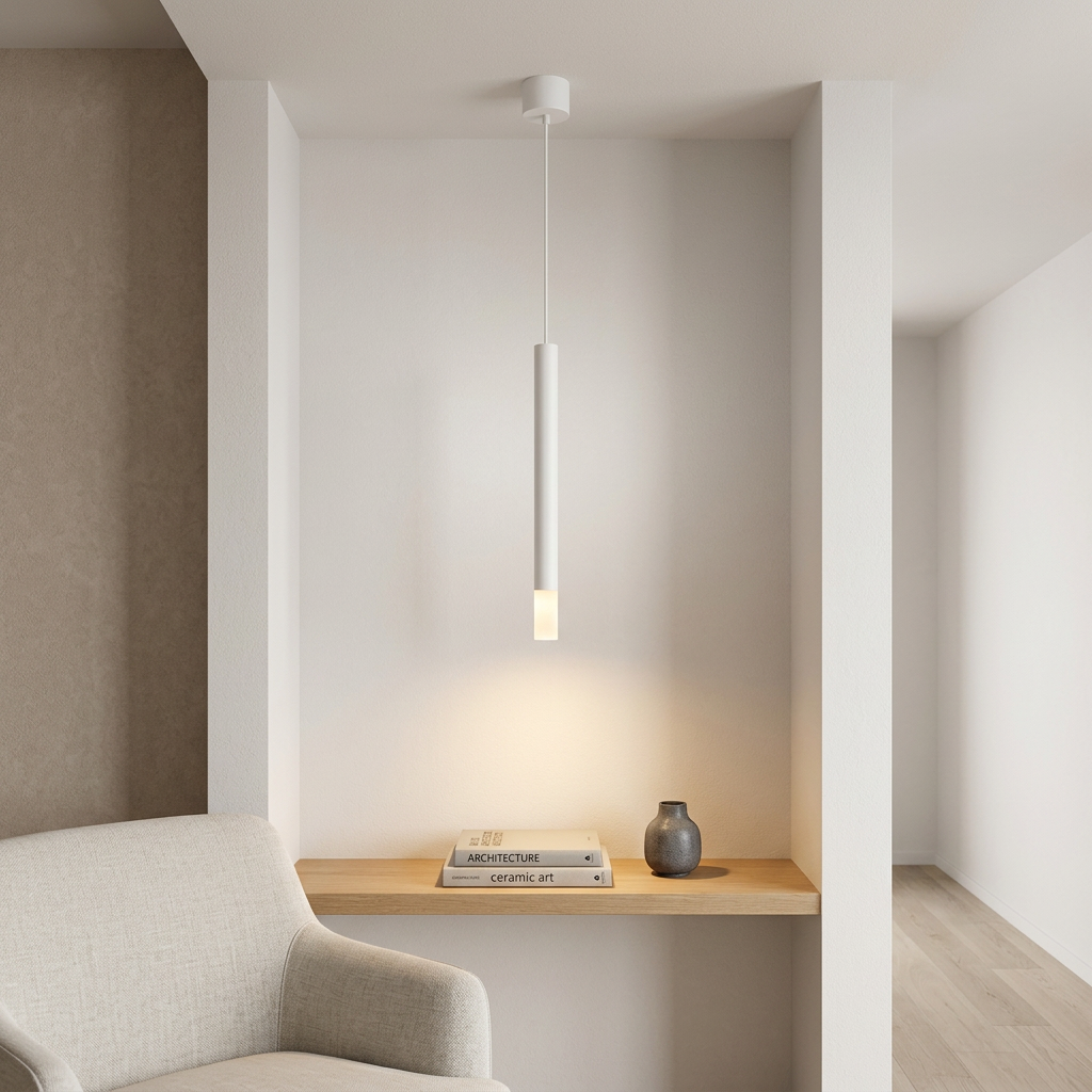 White matte cylindrical pendant light with frosted glass diffuser lighting architectural bookshelf in modern interior