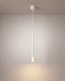 White vertical linear ceiling suspension fixture with matte finish and frosted glass against neutral background