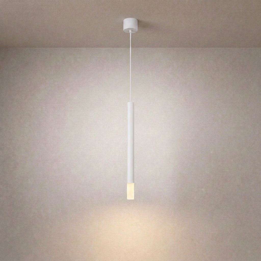 White vertical linear ceiling suspension fixture with matte finish and frosted glass against neutral background