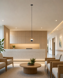 Matte black and white spherical pendant light in modern restaurant lobby with warm ambient glow