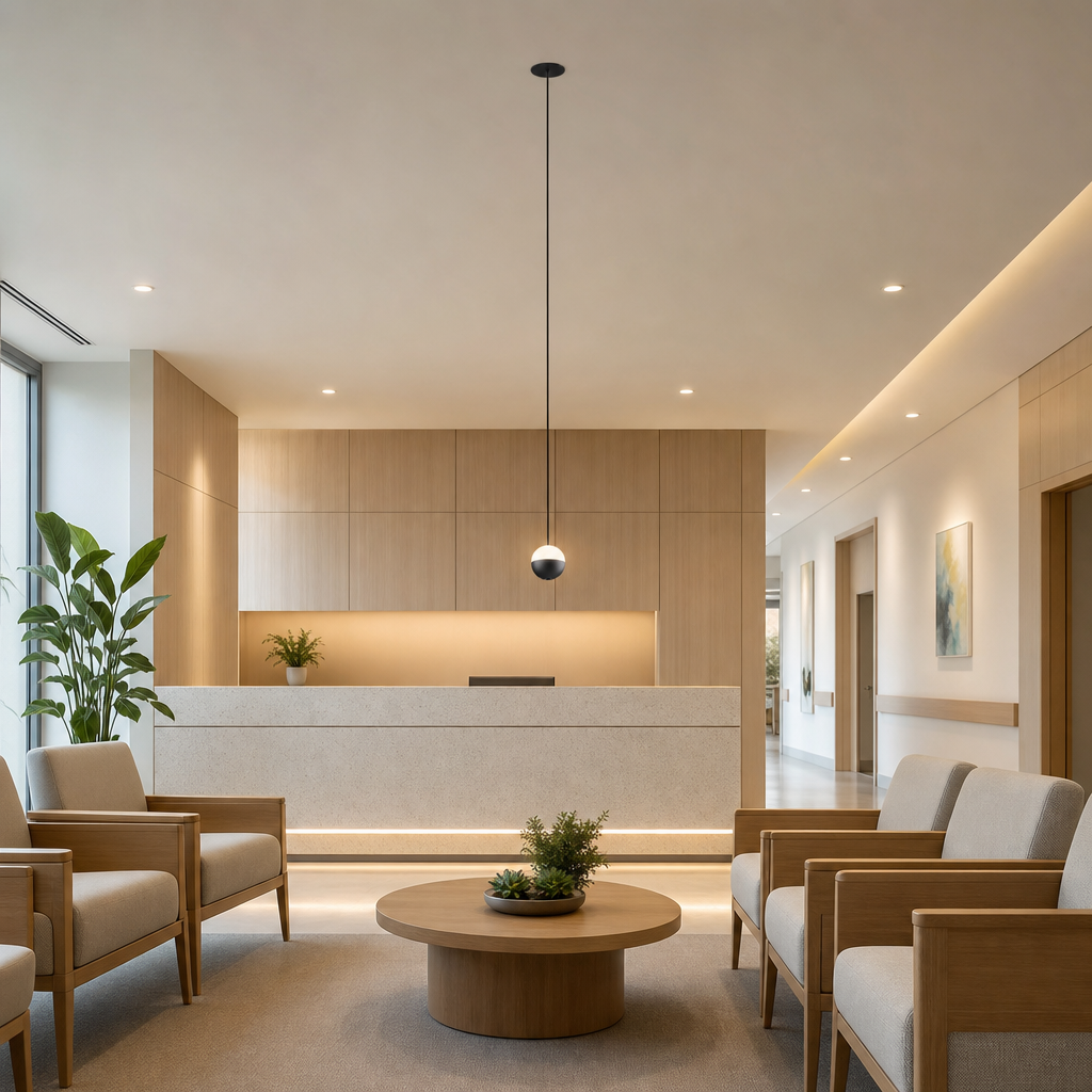 Matte black and white spherical pendant light in modern restaurant lobby with warm ambient glow