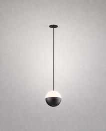 Black ceiling mount and matte black upper sphere pendant light with frosted white lower half