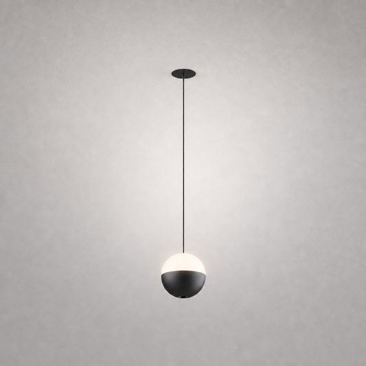 Black ceiling mount and matte black upper sphere pendant light with frosted white lower half