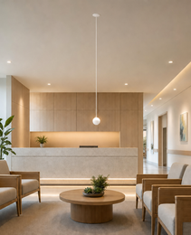 All-white spherical pendant light suspended by white cord in minimalist reception area