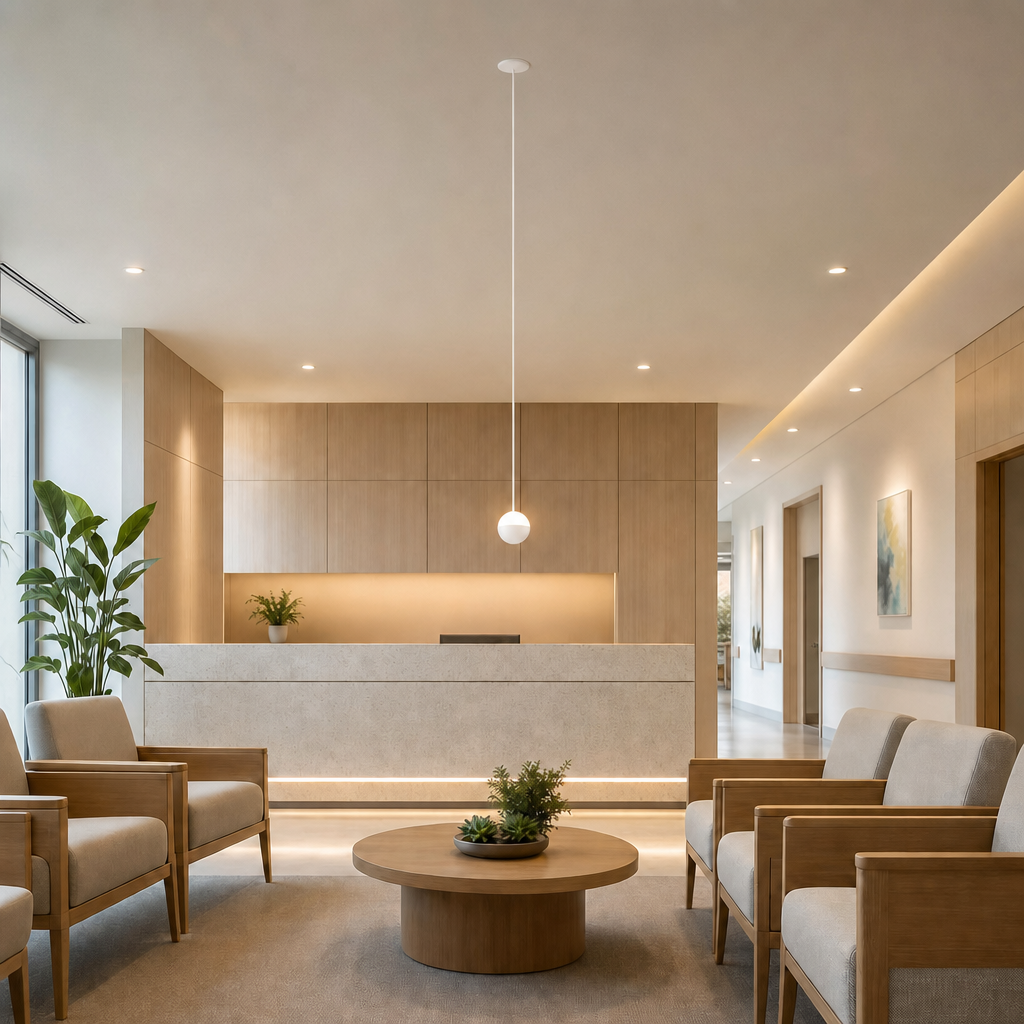All-white spherical pendant light suspended by white cord in minimalist reception area