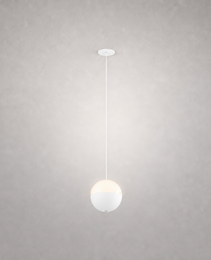 All-white ZOOM PRIME 0052 spherical pendant lamp with frosted diffuser on gray background