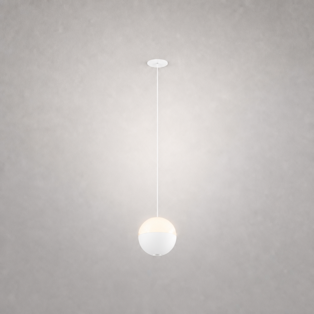 All-white ZOOM PRIME 0052 spherical pendant lamp with frosted diffuser on gray background