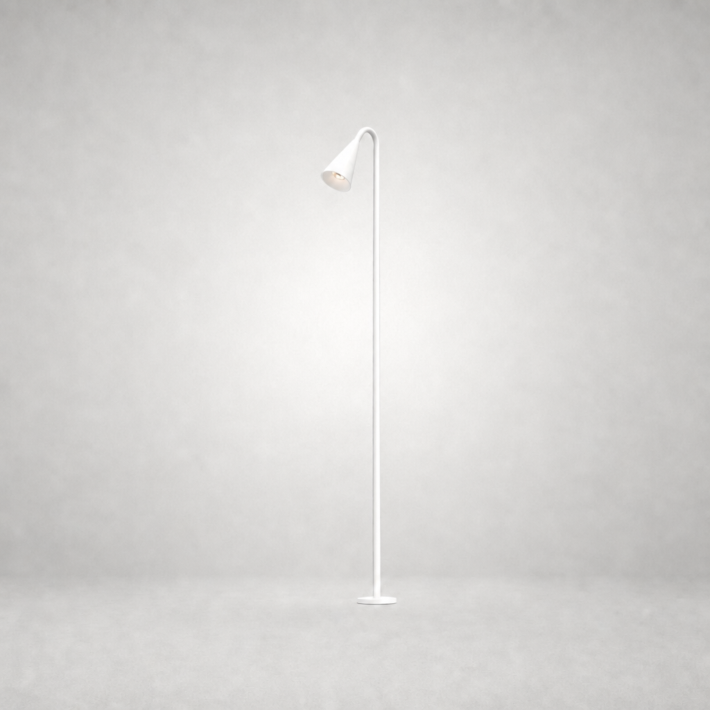 White minimalist LED garden piquet light with adjustable conical head