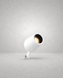 White smooth finish outdoor spike lamp on circular base with upward angled head