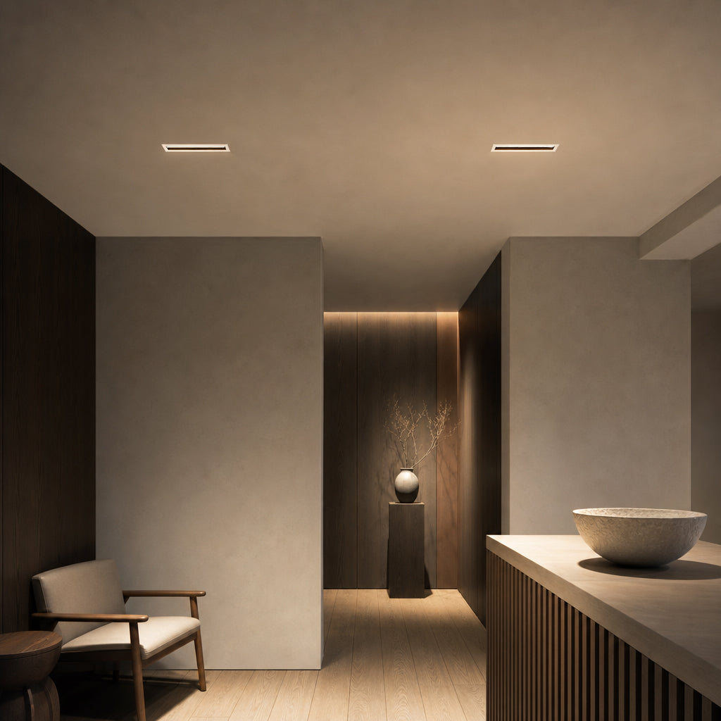 Rectangular recessed LED ceiling light with white frame in modern beige interior