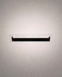 Close-up of white frame recessed LED ceiling light with horizontal diffuser bars