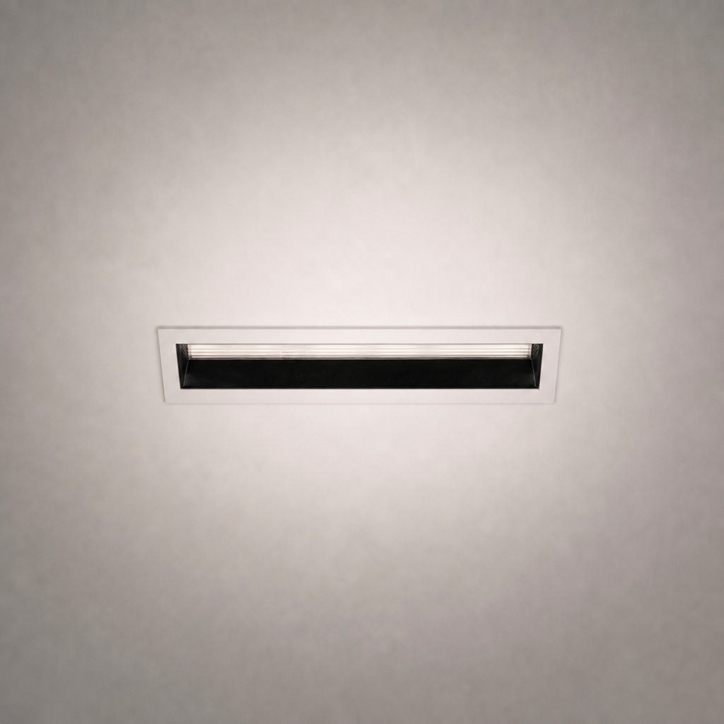 Close-up of white frame recessed LED ceiling light with horizontal diffuser bars
