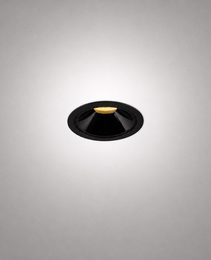 Matte black recessed ceiling light with gold LED base and conical reflector for minimalist architectural interiors