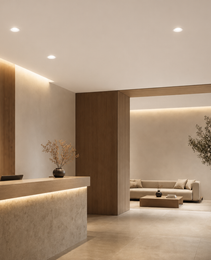 White recessed ceiling lights blending into bright contemporary commercial interior design
