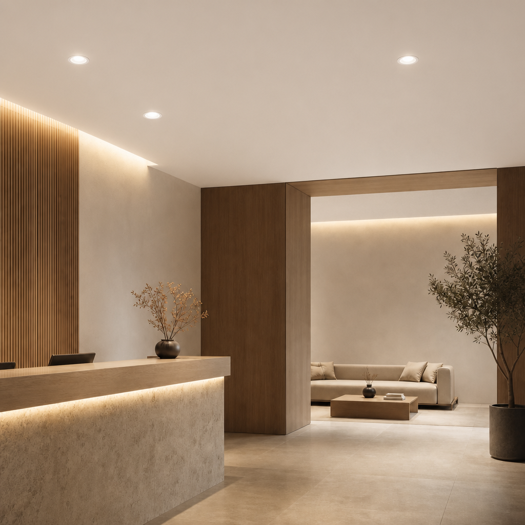 White recessed ceiling lights blending into bright contemporary commercial interior design