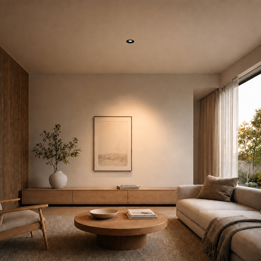 Black recessed ceiling spotlight in modern living room illuminating artwork