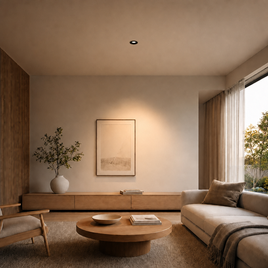Black recessed ceiling spotlight in modern living room illuminating artwork