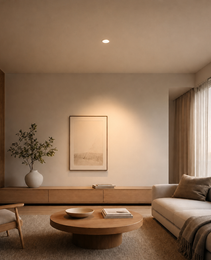 White recessed ceiling spotlight in contemporary living room with warm light