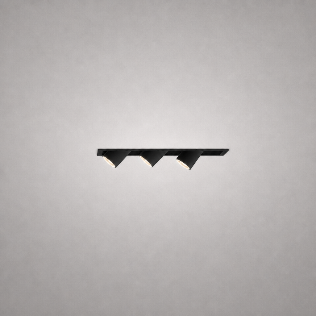 Matte black recessed LED track light with three directional conical spot heads