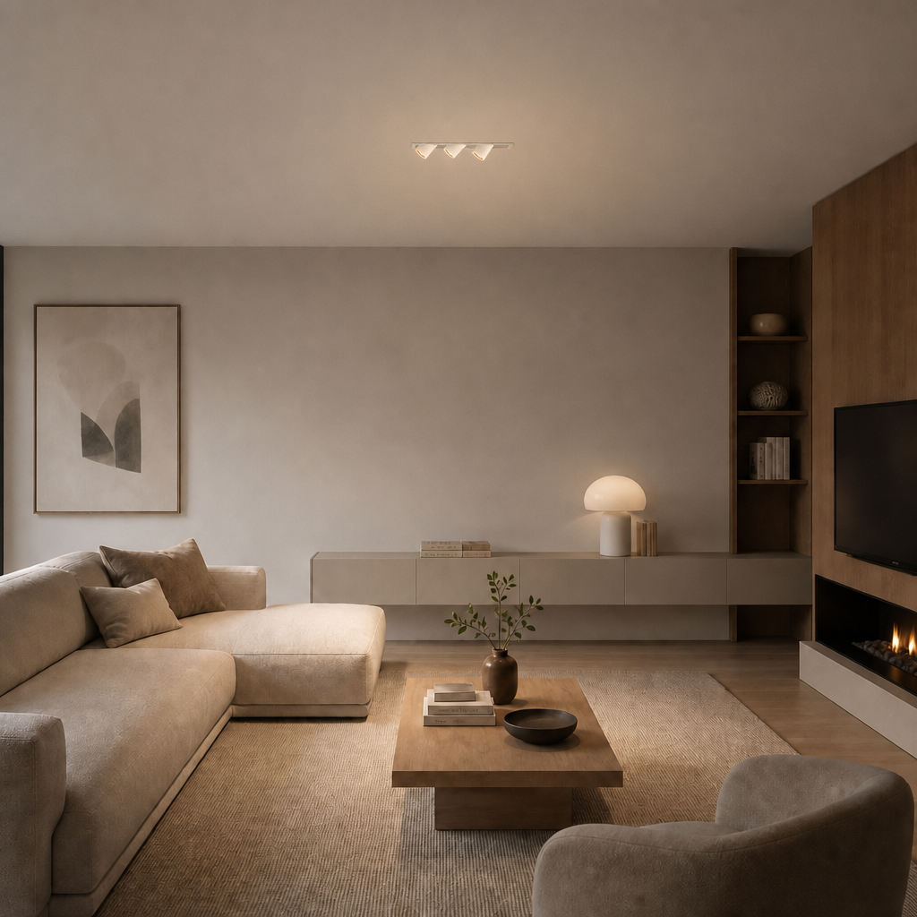 White three-head recessed ceiling light in Scandinavian Japandi living room
