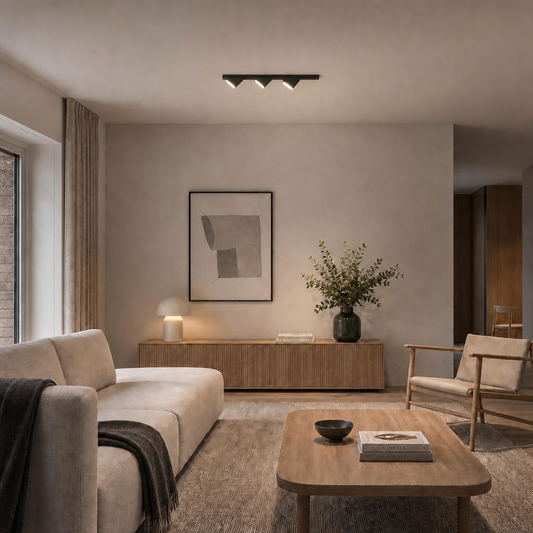 Black recessed ceiling track light with three adjustable spotlights above sofa