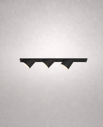 Matte black rectangular recessed ceiling spotlight with three pivoting heads