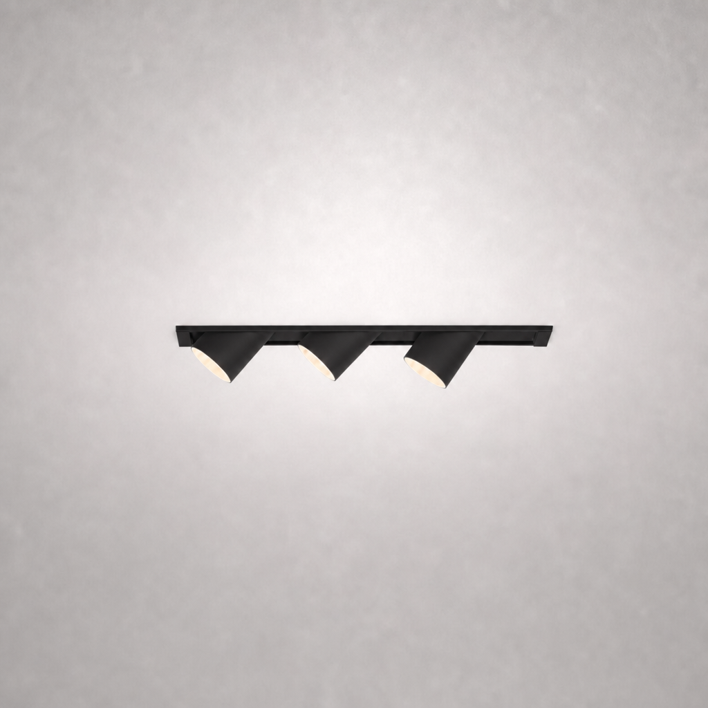 Matte black rectangular recessed ceiling spotlight with three pivoting heads