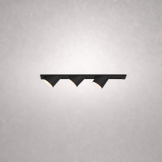 Matte black rectangular recessed ceiling spotlight with three pivoting heads