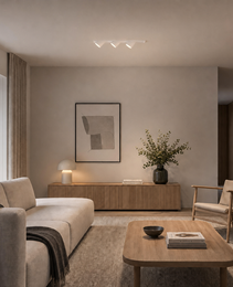White recessed ceiling track light with three adjustable spotlights in modern living room