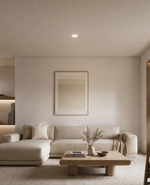MOON PRIME 1820 recessed ceiling light in warm glow installed flush in off-white residential living room