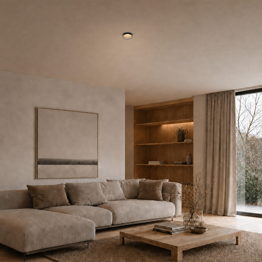 Black semi-recessed ceiling spot light ROYCE PRIME 1828 installed in beige textured ceiling with warm white glow