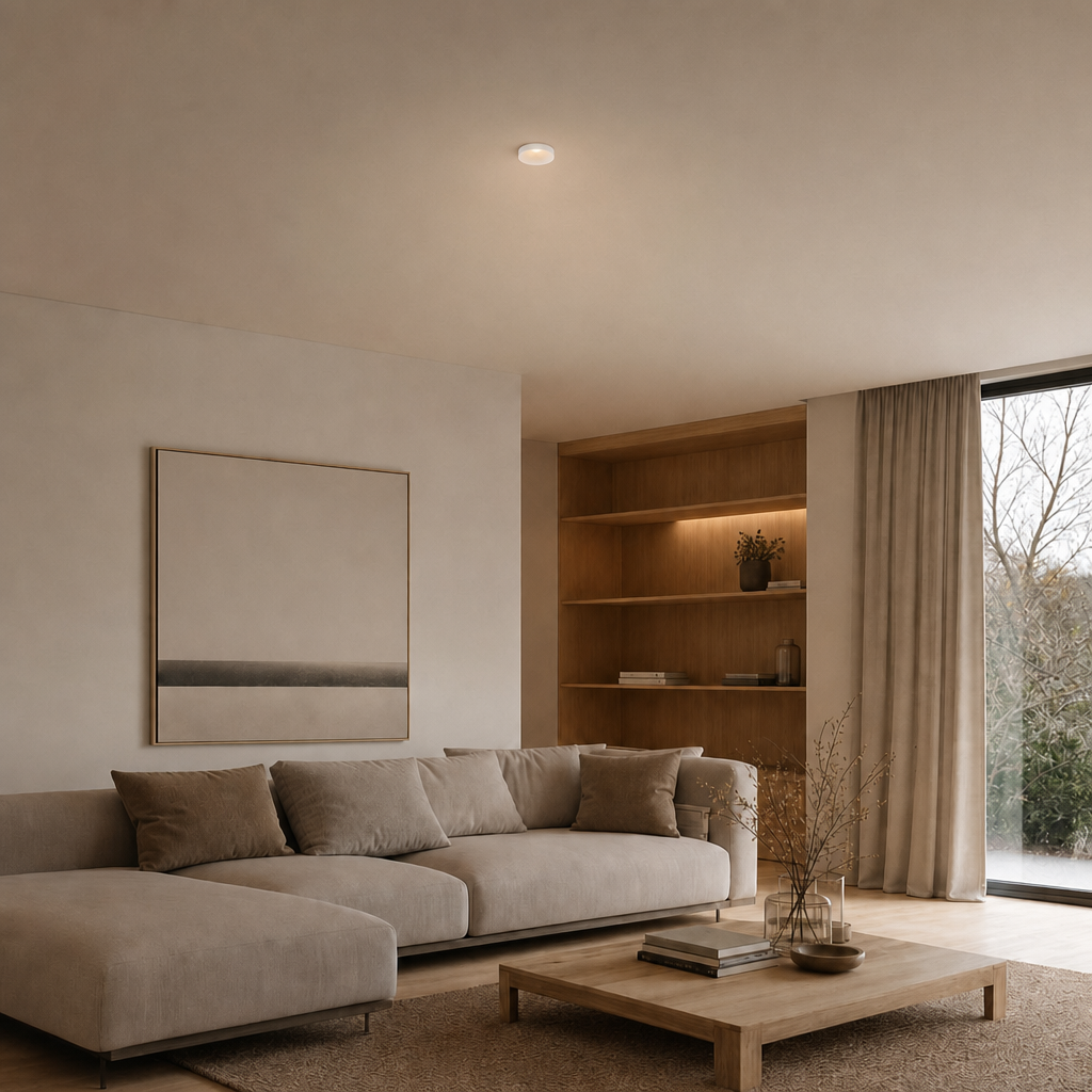 White semi-recessed ceiling spot light ROYCE PRIME 1828 integrated into neutral living room with warm ambient lighting