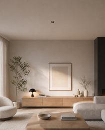 Black DOT PRIME 1839 recessed ceiling light with warm glow in beige textured living room