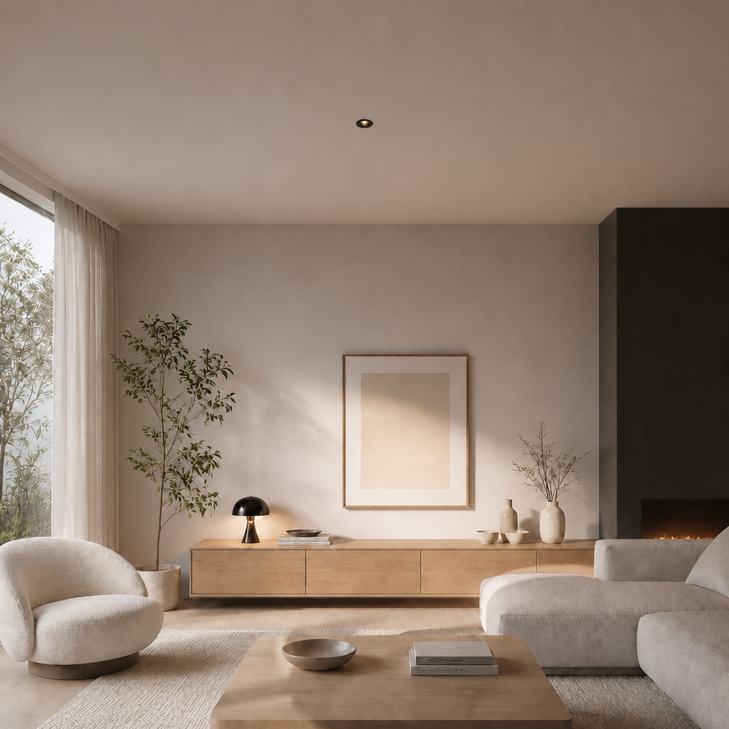 Black DOT PRIME 1839 recessed ceiling light with warm glow in beige textured living room