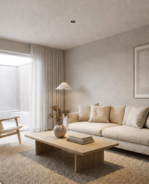 Recessed ceiling light integrated in modern living room with beige sofa and warm ambient glow