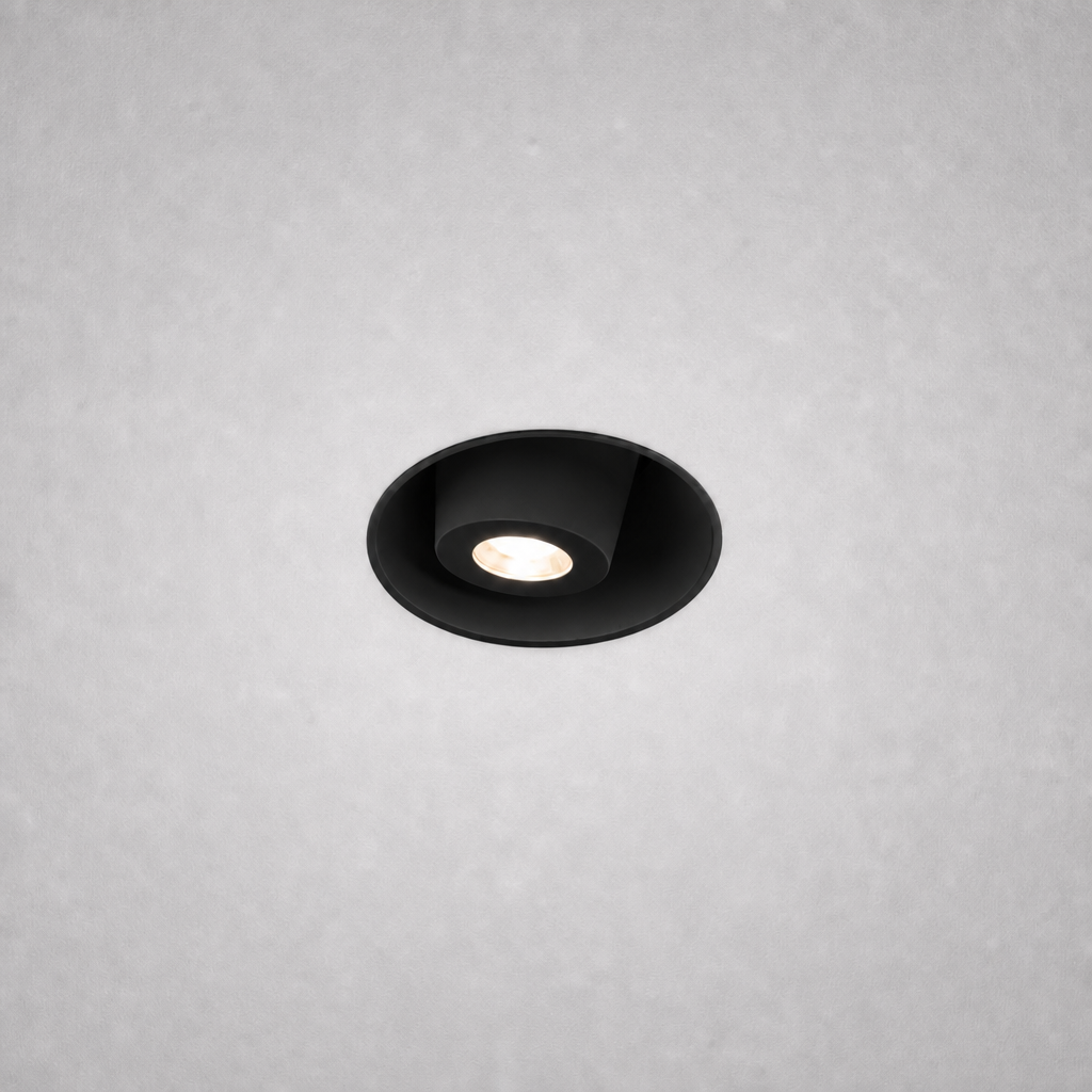 Black frameless recessed ceiling spotlight VERO PRIME 1850 with anti-glare shield in textured gray ceiling