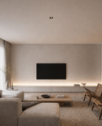 Flush-mounted black frameless LED luminaire integrated into residential beige ceiling