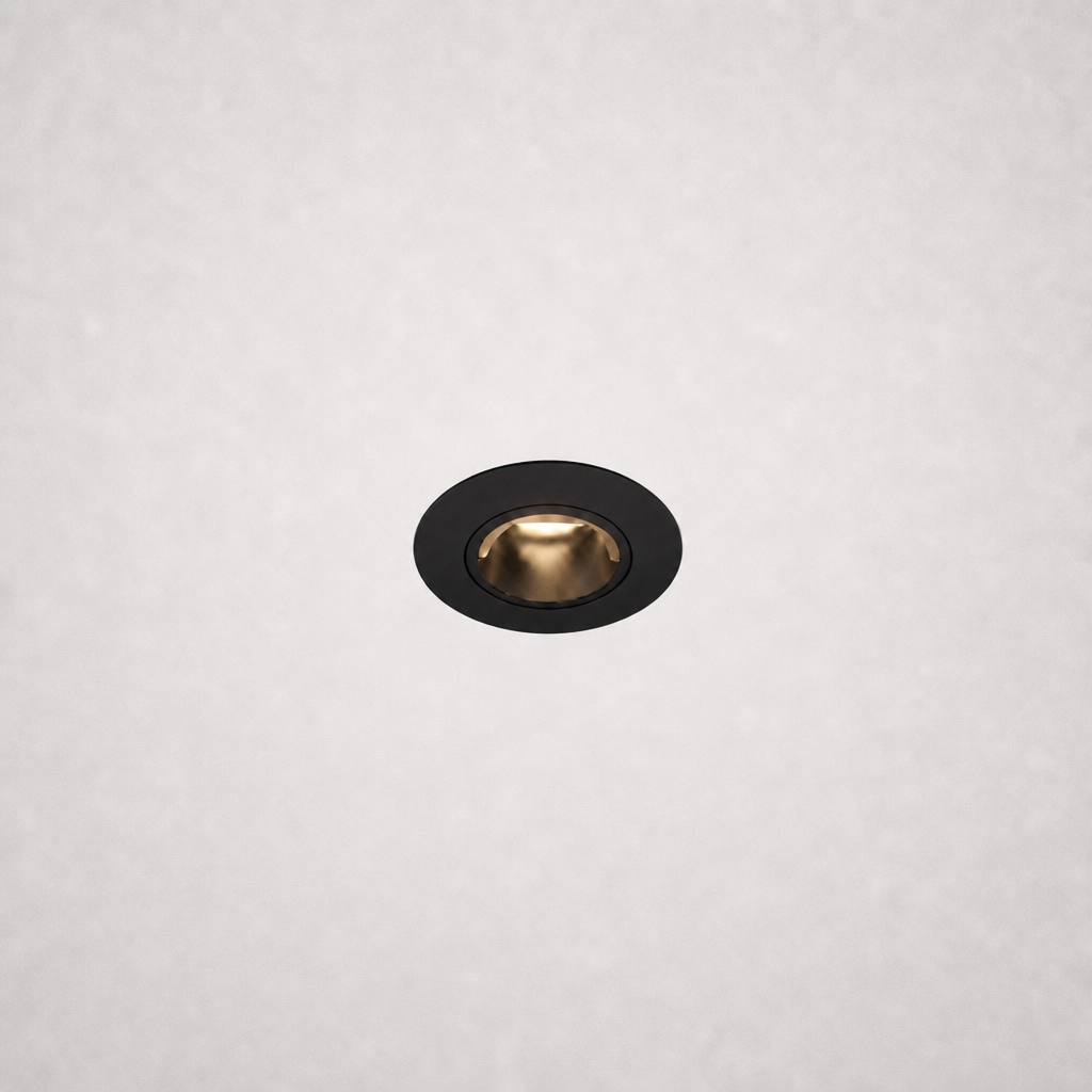 Close-up black trimless recessed LED fixture with warm gold reflector in white ceiling