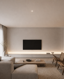 Black borderless recessed LED ceiling light in matte beige textured ceiling for modern living room