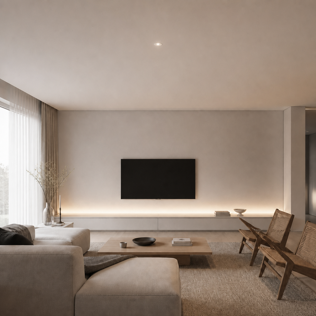 Black borderless recessed LED ceiling light in matte beige textured ceiling for modern living room